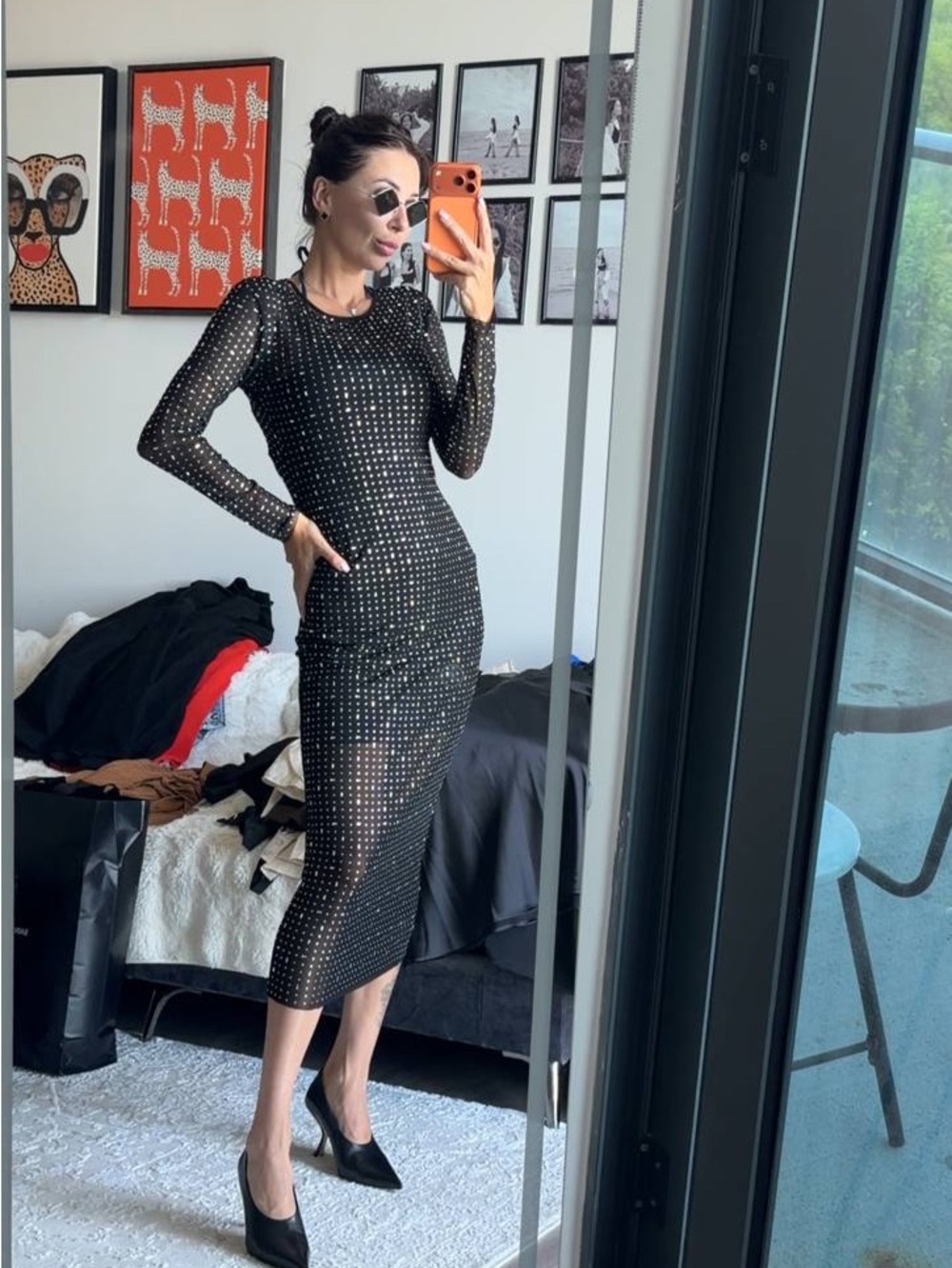 Gianni Bini Black Studded Long-Sleeve Midi Sheer Dress